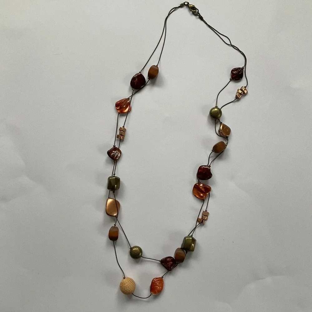 Boho Double Strand Beaded Necklace‎ Bronze Copper Earth Tones Layered Statement
